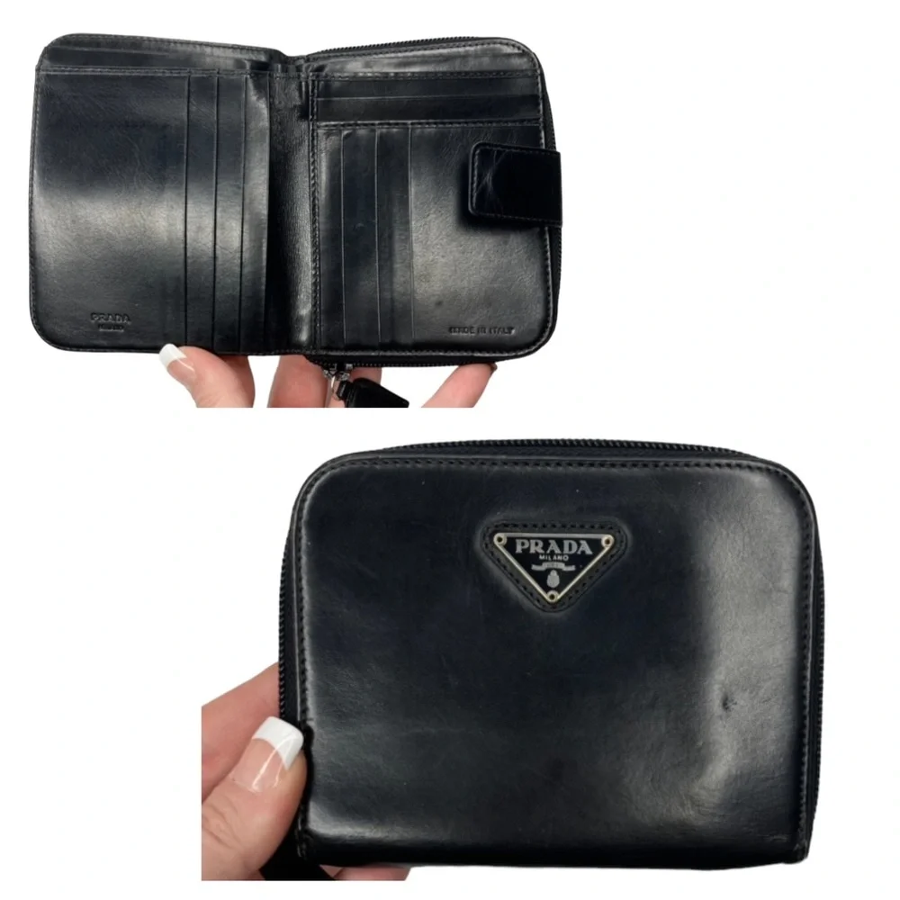 Authentic Vintage PRADA Black Smooth Leather Zip Around Square Bifold Wallet